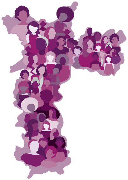 Ícone ilustrativo com o mapa da cidade de São Paulo e a silhueta de um grupode mulheres
